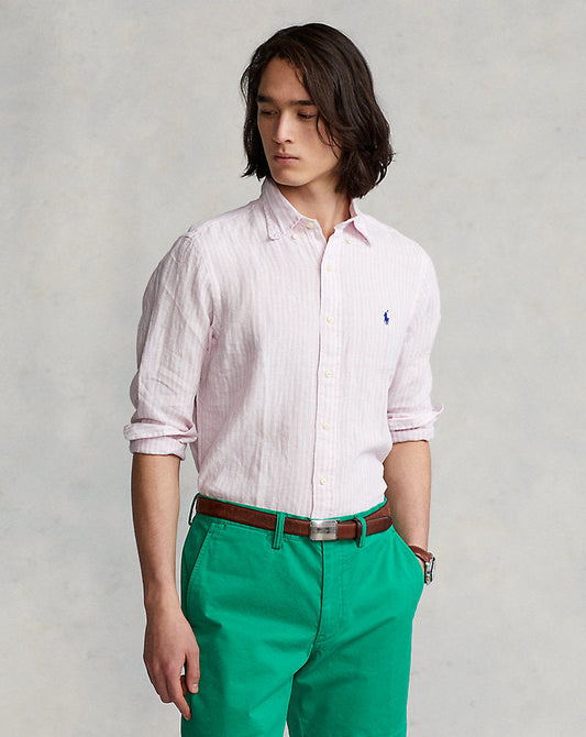 Custom Fit Striped Linen Shirt Pink/White