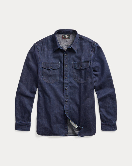 Indigo Cotton-Linen Denim Workshirt Rinse Wash