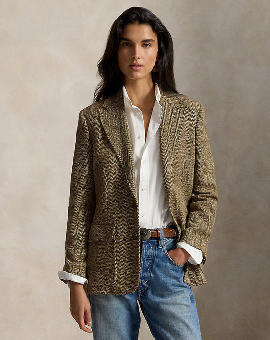 Herringbone Linen-Blend Blazer Brown/Cream Herringbone