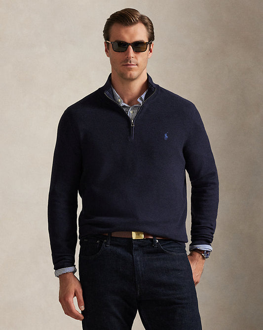 Mesh-Knit Cotton Quarter-Zip Jumper Navy Heather