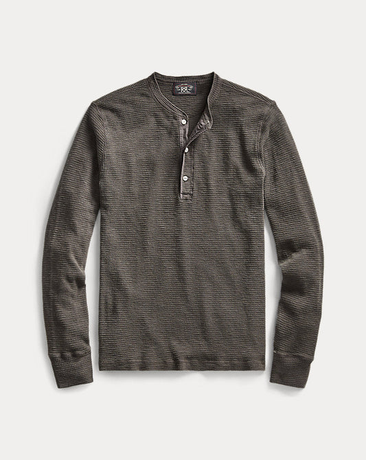 Waffle-Knit Cotton Henley Faded Black Canvas