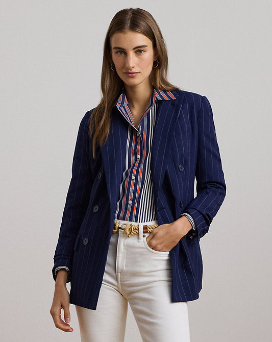 Pinstripe Double-Breasted Twill Blazer Navy/White