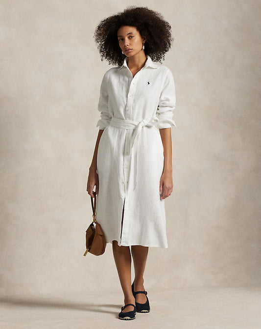 Belted Linen Shirtdress White