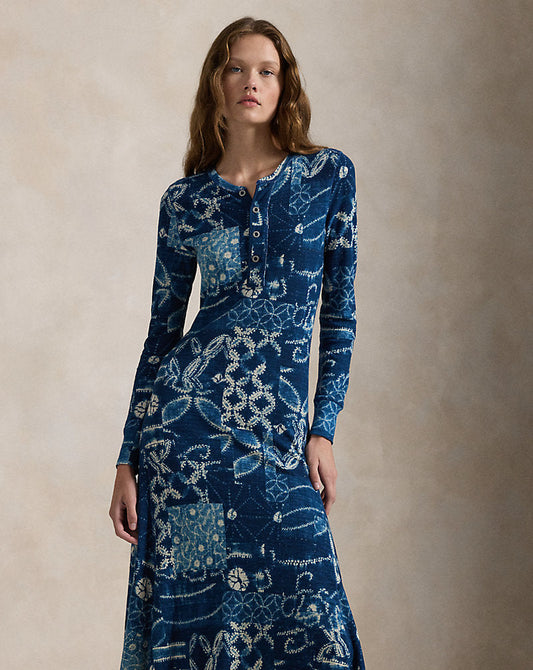 Patchwork Waffle-Knit Henley Dress Indigo Shabori Patchwork