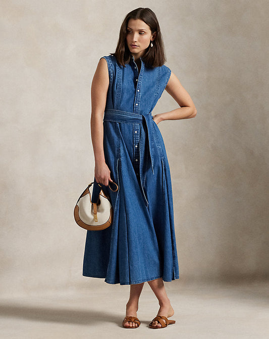Belted Denim Sleeveless A-Line Dress Indigo