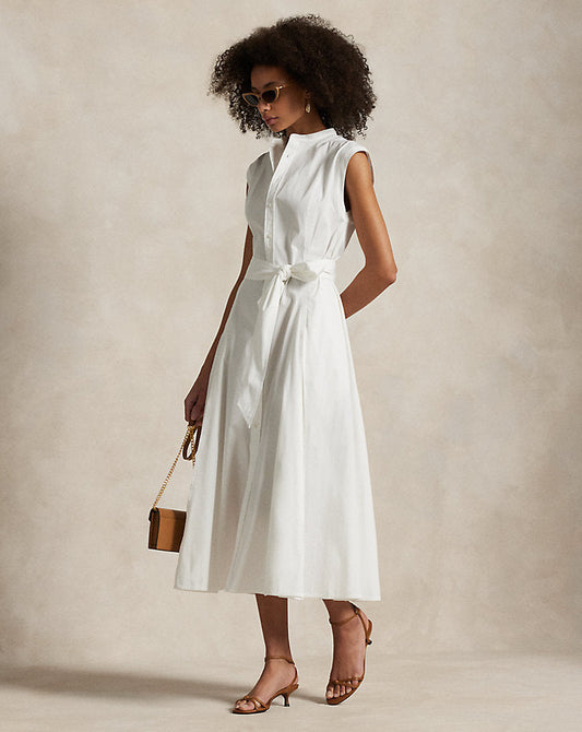Belted Cotton Sleeveless A-Line Dress White