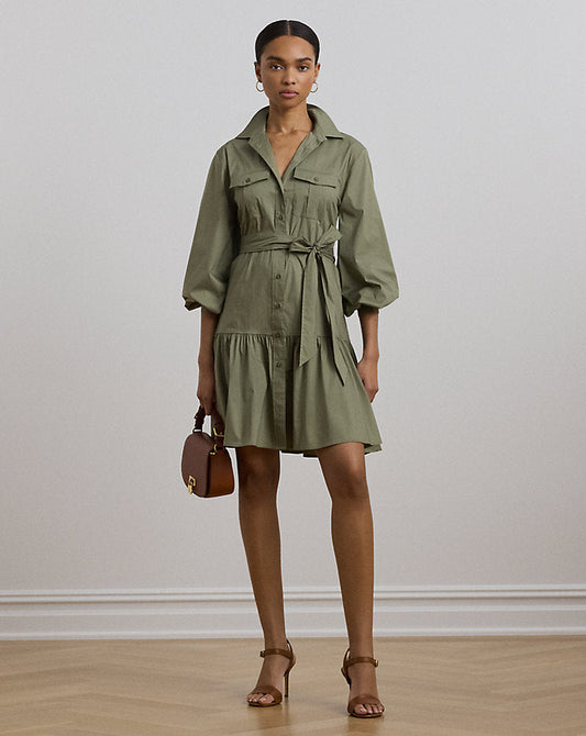 Belted Cotton-Blend Shirtdress Sage Green