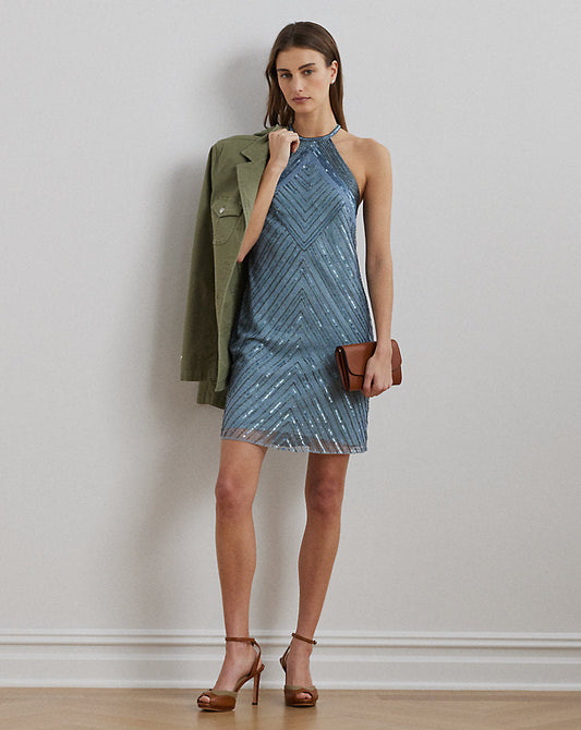 Beaded Mesh Halter Cocktail Dress Light Blue Multi