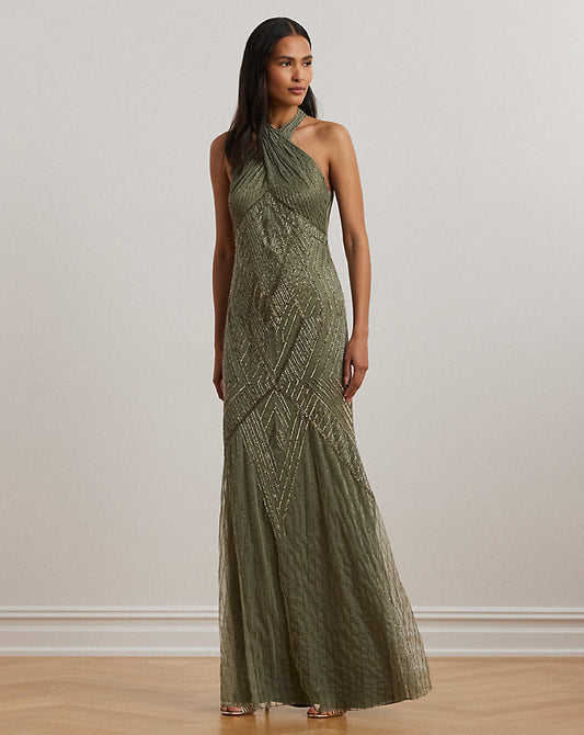 Beaded Mesh Sleeveless Halter Gowni Olive Multi