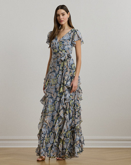 Floral Ruffle-Trim Georgette Gown Blue Multi