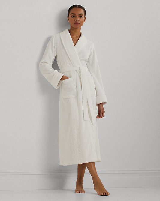 Aran-Clipped Long Shawl-Collar Robe White