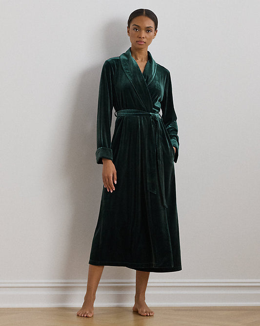 Velvet Long Shawl-Collar Robe Emerald