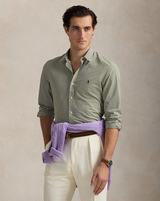 Slim Fit Gingham Stretch Poplin Shirt Garden Trail White