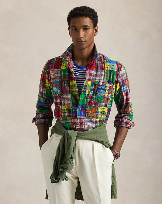 Classic Fit Patchwork Madras Camp Shirt Block Print Patchwor