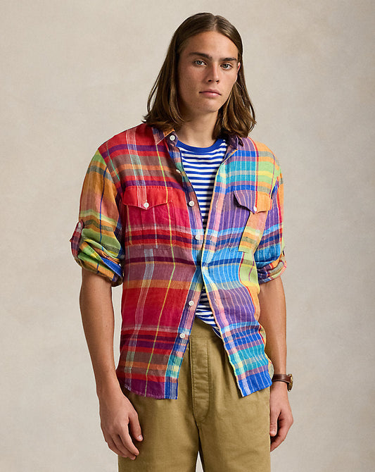 Classic Fit Plaid Linen Workshirt Red/Yellow Multi