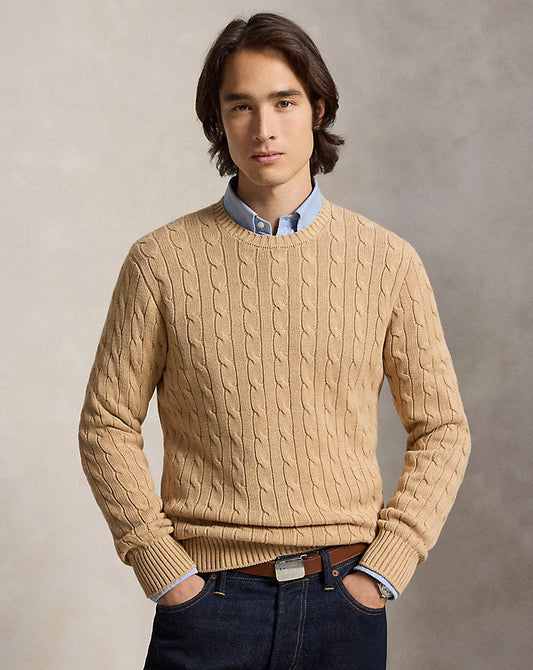 Cable-Knit Cotton Crewneck Jumper Camel Melange