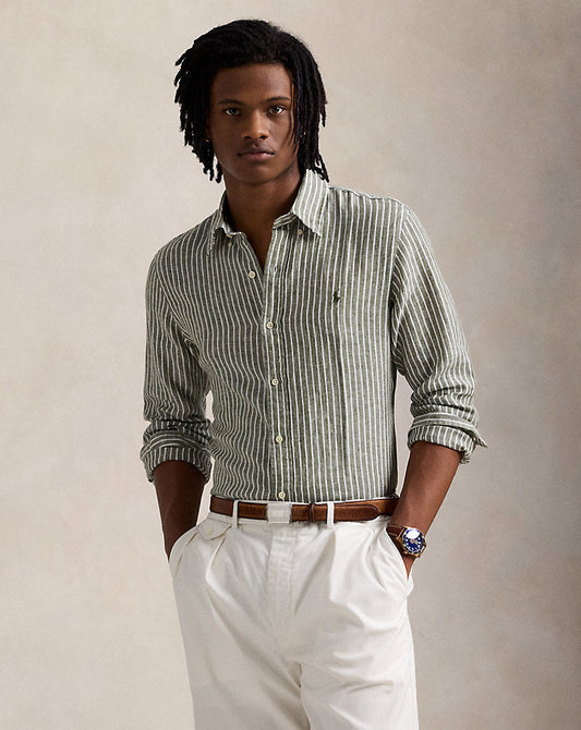 Custom Fit Striped Linen Shirt New Olive White