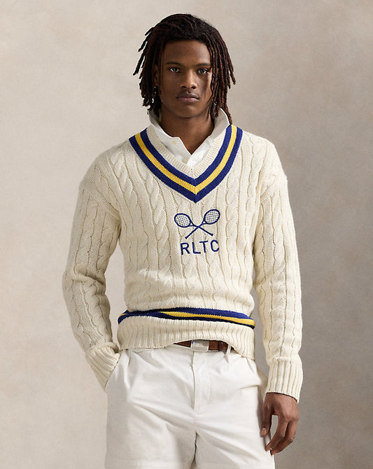 Embroidered Cotton-Blend Cricket Jumper Cream Combo