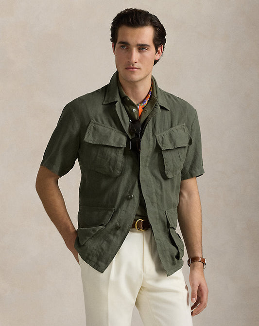 Garment-Dyed Slub Linen Overshirt New Olive