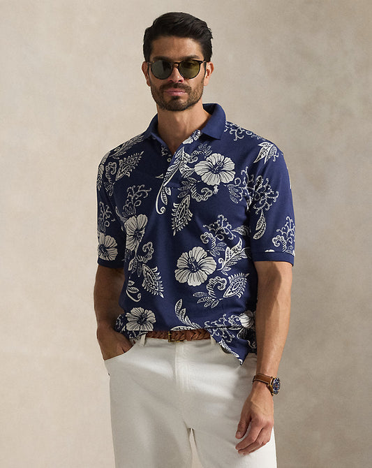 Hibiscus-Print Mesh Polo Shirt Two Tone Hibiscus