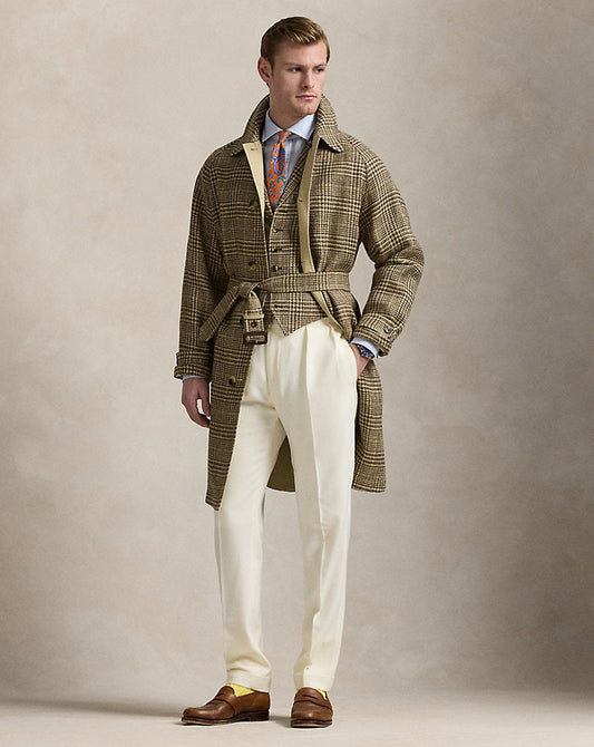 Reversible Tweed-Poplin Topcoat Tan/Brown And Green Deco