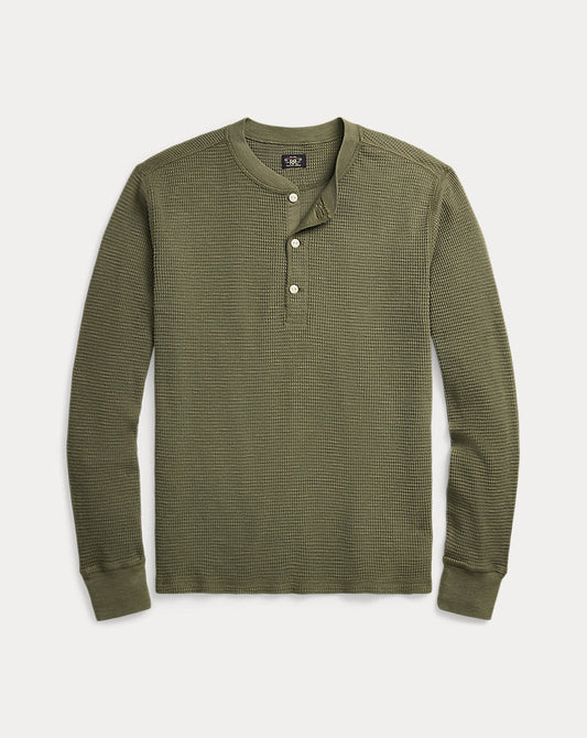 Garment-Dyed Waffle-Knit Henley Shirt Olive