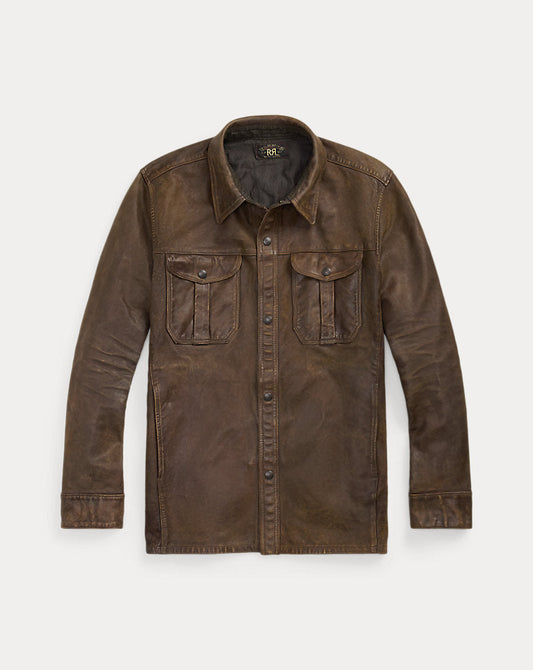 Hand-Distressed Leather Overshirt Black Over Brown