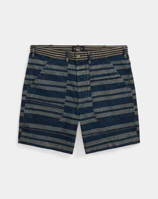 Indigo Striped Linen-Cotton Short Faded Indigo