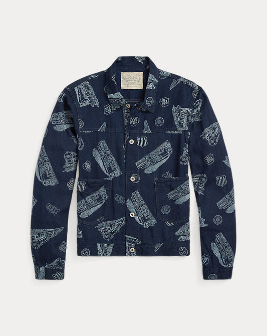 Indigo Railroad-Print Twill Jacket Indigo/White