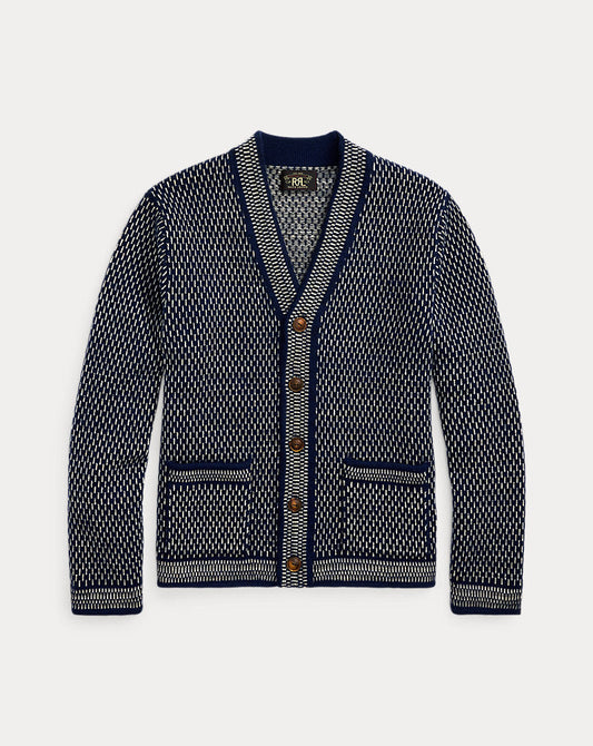 Indigo Cotton-Wool V-Neck Cardigan Navy/Cream