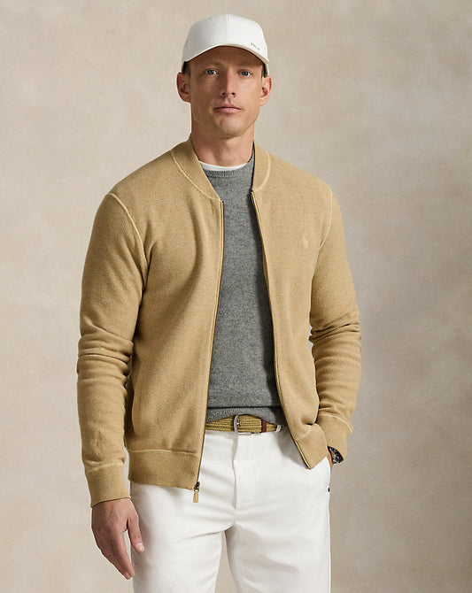 Mesh-Knit Cotton Full-Zip Jumper Camel Combo