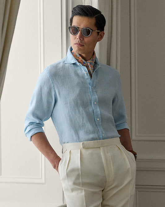 Basket-Weave Linen Shirt Chambray Blue